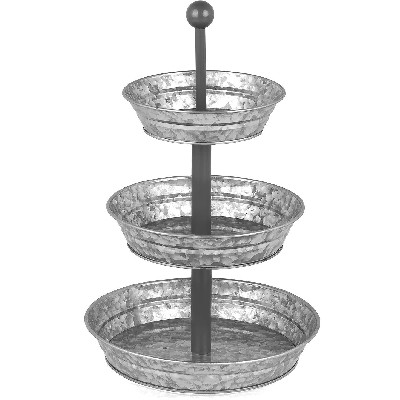 3 Tier Serving Tray - Galvanized, Rustic Metal Stand. Dessert, Cupcake, Fruit &amp; Party Three Tiered Platter. Country Farmhouse Vintage Decor for the Kitchen, Home, Farm &amp; Outdoo