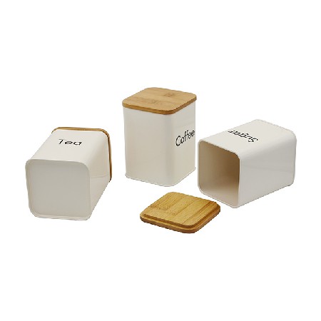 Cream Metal 3 Food Storage Containers for Coffee Tea and Sugar with Bamboo Lids